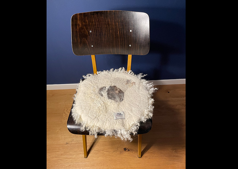 Ein Sitz- oder Dekokissen gefertigt mit den Locken von Wensleydale-Schafen. Die edle Wolle glänzt wie Seide, ist etwas schwerer und fühlt sich extrem fein und weich an. Für die Herstellung solcher Felle braucht es viel Handarbeit, da die Locken nicht zusammenhängend sind. Die Unikate schmücken richtig hygge den Wohnbereich und sind ein Magnet für Augen und Hände. Die Wolle lebt durch das benutzen des Sitzkissens mit und verändert sich. Es ist ein Gebrauchsgegenstand der einfach nur wohlige wollige wärme für Herz und Seele spendet. Meines Erachtens bleibt das Fell immer schön, auch wenn die Locken mit der Zeit Gebrauchsspuren haben – es ist einfach schön, wenn es gebraucht wird. Oder das Fell dient für eine stilvolle Dekoration, so bleiben die Locken wie sie sind – eine Augenweide.