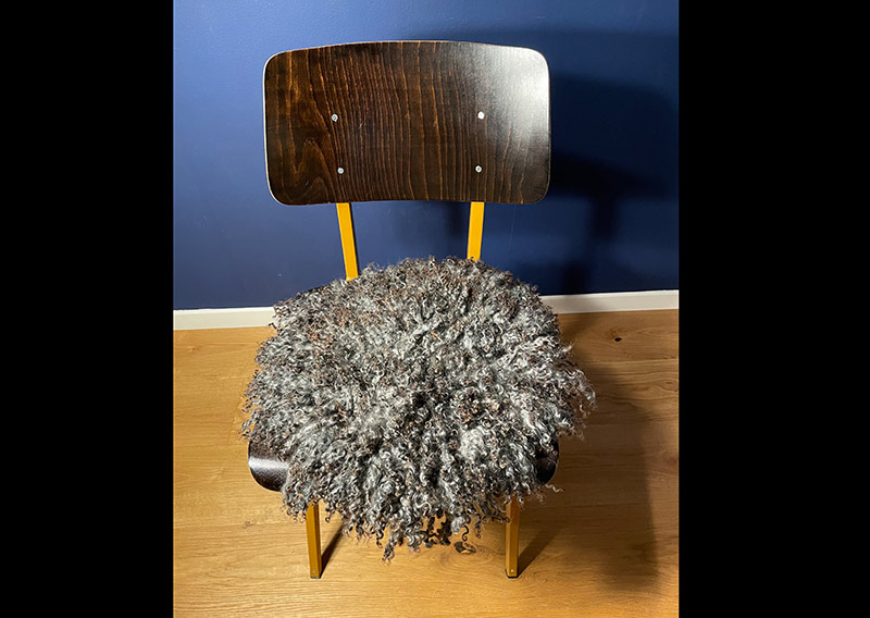 Ein Sitz- oder Dekokissen gefertigt mit den Lamm-Locken von Gotland-Pelzschafen. Die edle Wolle glänzt wie Seide, ist etwas schwerer und fühlt sich extrem fein und weich an. Für die Herstellung solcher Felle braucht es viel Handarbeit, da die Locken nicht zusammenhängend sind. Die Unikate schmücken richtig hygge den Wohnbereich und sind ein Magnet für Augen und Hände. 
Die Wolle lebt durch das benutzen des Sitzkissens mit und verändert sich. Es ist ein Gebrauchsgegenstand der einfach nur wohlige wollige wärme für Herz und Seele spendet. Meines Erachtens bleibt das Fell immer schön, auch wenn die Locken mit der Zeit Gebrauchsspuren haben – es ist einfach schön, wenn es gebraucht wird. Oder das Fell dient für eine stilvolle Dekoration, so bleiben die Locken wie sie sind – eine Augenweide. 